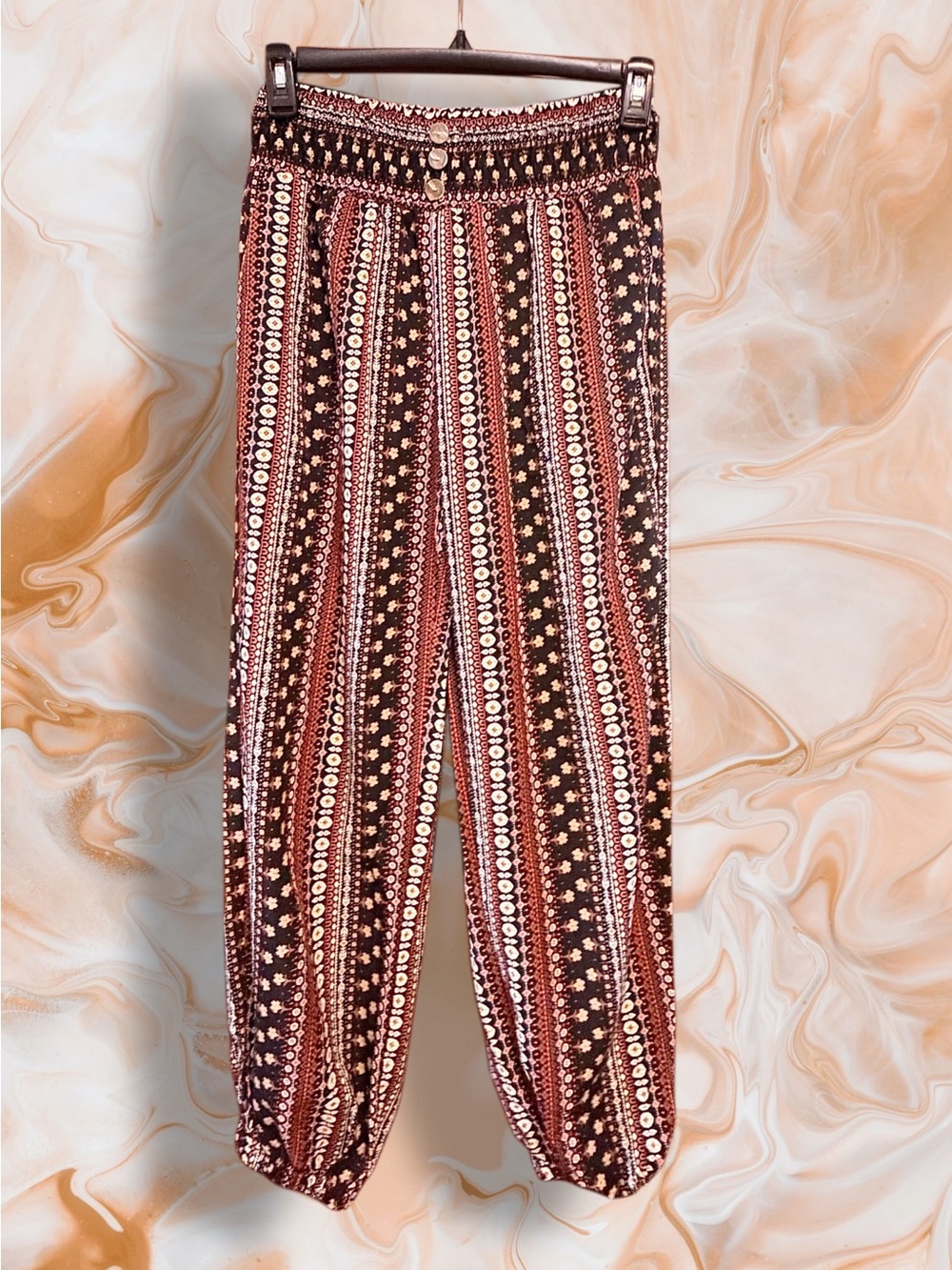 Boho-Print Elastic Waist Harem Pants - Burgundy size S/M